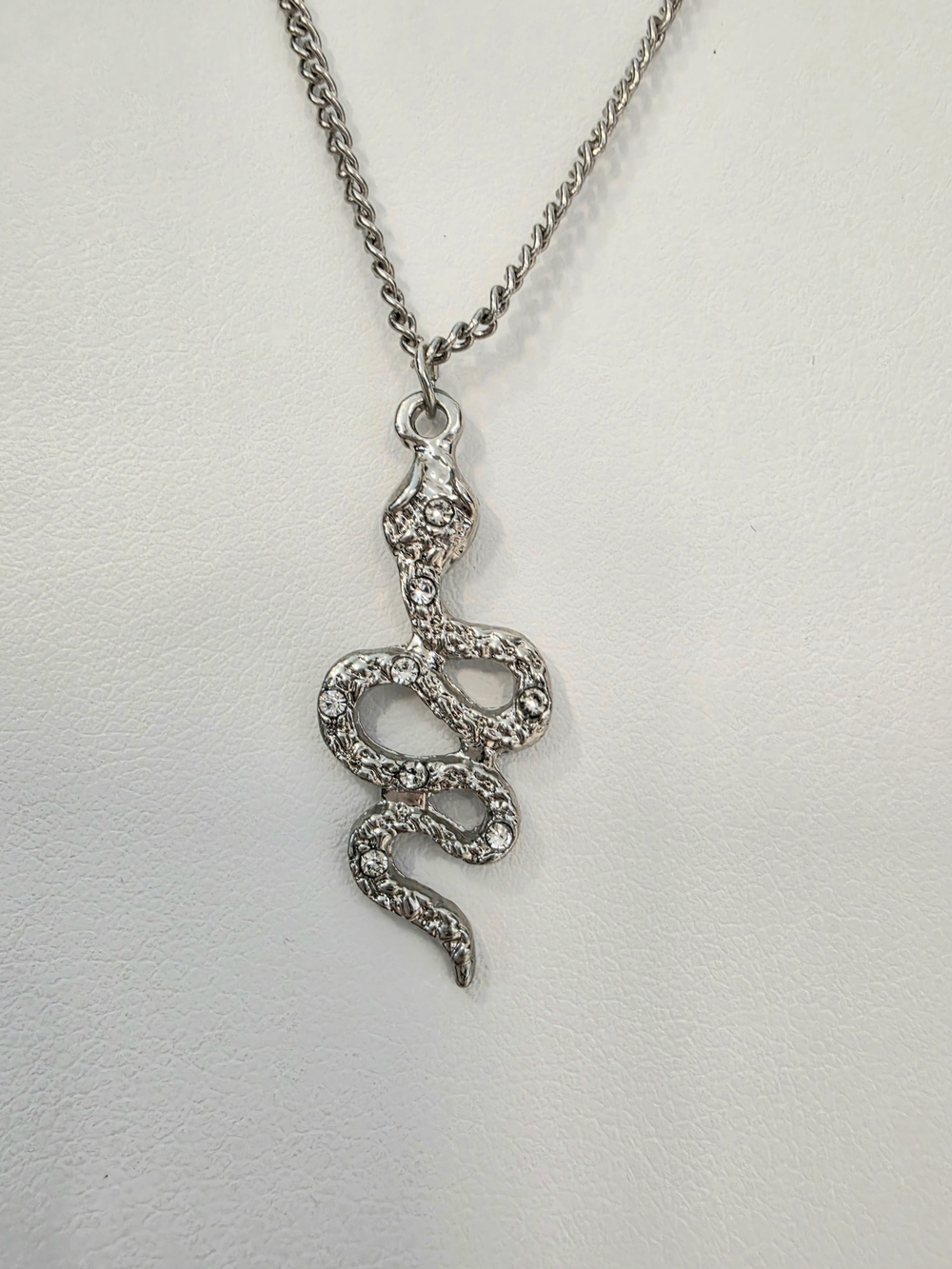 Silver Rhinestone Coiled Snake Pendant Necklace - Textured Serpent Charm Sz 18"